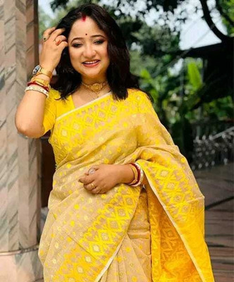 SP Boutique Woven Jamdani Cotton Silk Saree(Yellow)