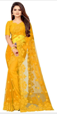 NIYANTAKSH Embroidered Bollywood Net Saree(Yellow)