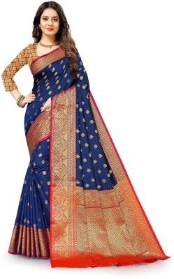 Torofy Woven, Dyed, Solid/Plain Banarasi Silk Blend, Jacquard Saree(Dark Blue)