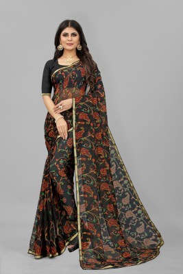 NIYAMI Floral Print Daily Wear Chiffon Saree(Black)