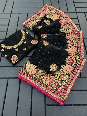 Mikhushop Embroidered Bollywood Jimmy choo Saree(Black)