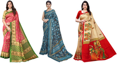 YASHIKA Printed, Woven Mysore Art Silk Saree(Pack of 3, Pink, Blue, Beige)