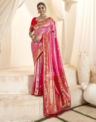 Samah Woven, Ombre, Embellished Paithani Silk Blend, Jacquard Saree(Pink, Gold)