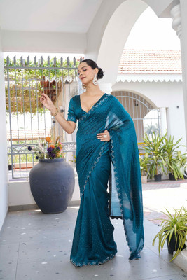 AAINA CREATION Embellished Bollywood Silk Blend Saree(Dark Blue)