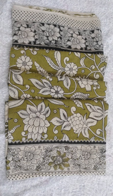 RRCOLLECTIONS Blocked Printed Kalamkari Pure Cotton Saree(Green)