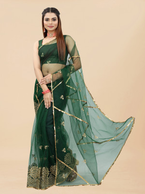 Yashakti Designer Embroidered Bollywood Net Saree(Dark Green)