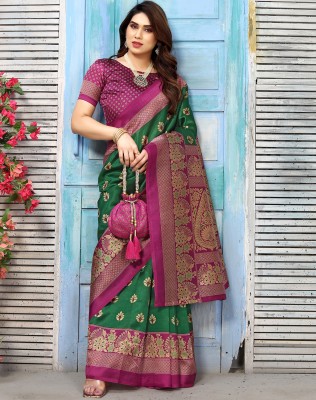Siril Self Design, Floral Print, Geometric Print, Printed Banarasi Cotton Silk Saree(Green, Purple, Multicolor)