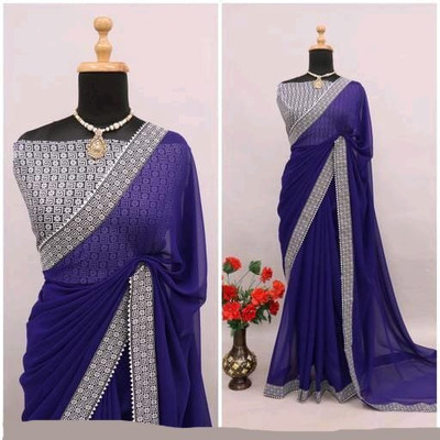 OKTAT Solid/Plain Bollywood Georgette Saree(Blue)