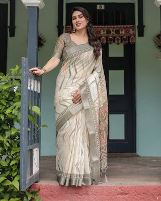 Millstar Digital Print Bollywood Cotton Linen, Art Silk Saree(Green)