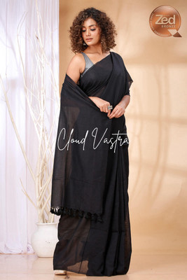 cloud vastra Solid/Plain Bollywood Pure Cotton Saree(Black)