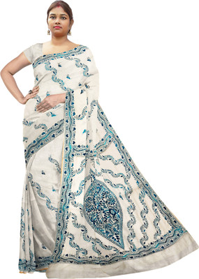 SHRISTI CLOTHINGS Embroidered, Woven Kantha Tussar Silk Saree(Cream)