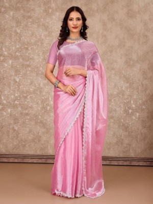 AMI FASHION Embellished Bollywood Georgette, Lace Saree(Pink)