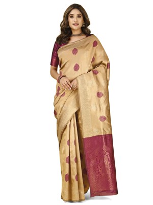 fFASHION Embellished, Floral Print, Self Design, Woven Kanjivaram Pure Silk, Jacquard Saree(Cream, Purple)