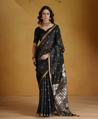 erika Woven, Geometric Print Bollywood Cotton Silk Saree(Black)
