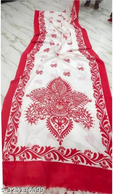 Happy Creation Woven Jamdani Cotton Blend Saree(White, Red)