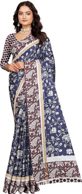 PRTRENDZ Printed Kanjivaram Pure Cotton, Cotton Silk Saree(Dark Blue, Maroon)