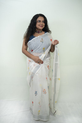 SnehaFashion Creation Printed Daily Wear Linen Saree(White)