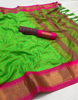 yourwish Woven, Checkered, Embellished, Self Design Daily Wear Jacquard, Cotton Silk Saree(Light Green)