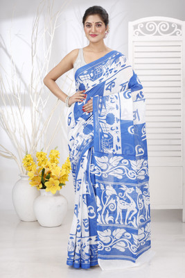 GitAsit Blocked Printed Handloom Pure Cotton Saree(Blue)