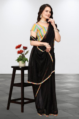 JSItaliya Striped Bollywood Net Saree(Black)