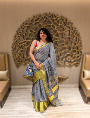 Mznari Solid/Plain Handloom Linen Saree(Grey)