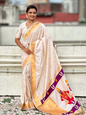 CP TEXTILE Printed Banarasi Jacquard, Art Silk Saree(Cream)