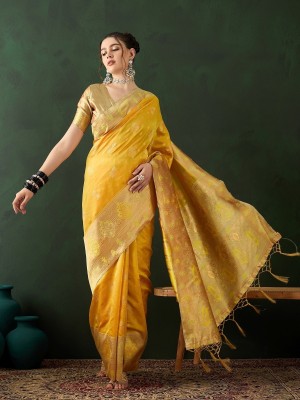 Vichitra Woven, Self Design Banarasi Silk Blend, Jacquard Saree(Yellow)