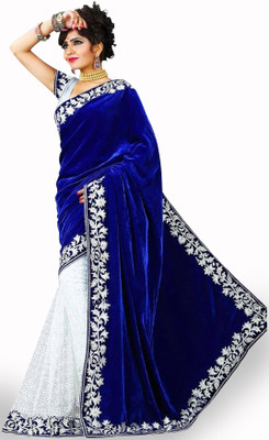 RichEraa Embroidered Banarasi Net, Velvet Saree(White, Blue)