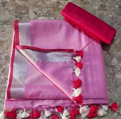 HAIDER ALI AND SONS Solid/Plain Bollywood Cotton Linen Saree(Red)