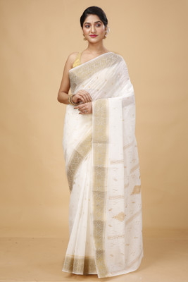 Happy Creation Printed Tant Handloom Cotton Blend Saree(Gold)