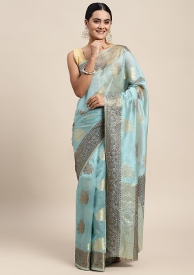 Divastri Floral Print Kanjivaram Organza Saree(Light Blue)