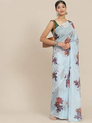 Ishin Printed Banarasi Silk Blend Saree(Blue)