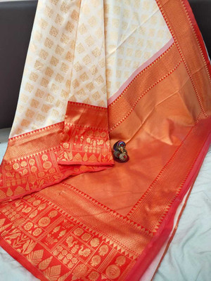 Rudr Venture Digital Print Banarasi Silk Blend Saree(Cream)