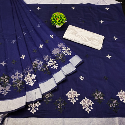 GLOWMOROUS Embroidered Handloom Cotton Linen Saree(Dark Blue)
