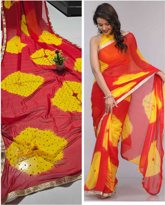 BL Group Checkered, Embellished, Woven, Digital Print, Printed Bandhani Chiffon Saree(Red)