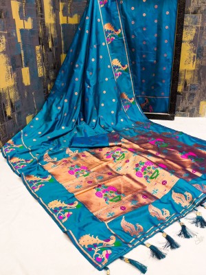 DURGA TEXTILE Printed, Self Design, Embellished, Woven, Animal Print, Blocked Printed Paithani Jacquard, Silk Blend Saree(Green)