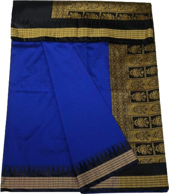 LYANNA Temple Border, Solid/Plain Sambalpuri Handloom Dupion Silk Saree(Dark Blue)