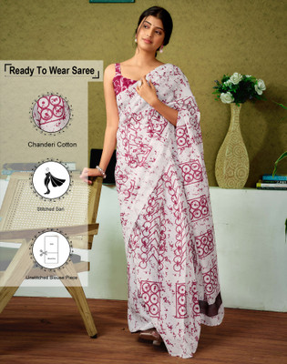Satrani Floral Print, Geometric Print, Printed Sambalpuri Chanderi, Cotton Blend Saree(White, Pink)