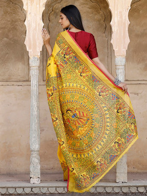 ANOUK Printed Baluchari Cotton Linen Saree(Yellow)