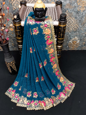 MIYANIFAB Embroidered Bollywood Georgette Saree(Dark Blue)