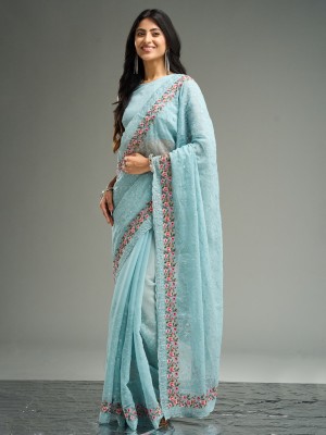 KASEE Embroidered Bollywood Chiffon Saree(Blue)