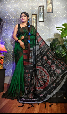 RM CREATION Printed Ikkat Cotton Blend Saree(Dark Green)