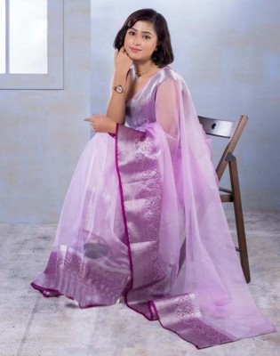 Satrani Dyed, Woven, Embellished, Self Design Banarasi Organza Saree(Purple)