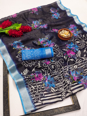 kashvi sarees Floral Print Bollywood Cotton Silk, Silk Blend Saree(Light Blue, Black)