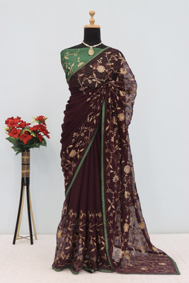 KHRITI FAB Embroidered Bollywood Silk Blend Saree(Maroon)
