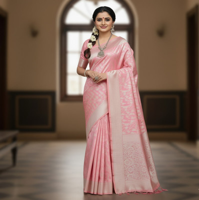 Linenspun Paisley, Woven, Embellished, Solid/Plain Kanjivaram Art Silk Saree(Pink)