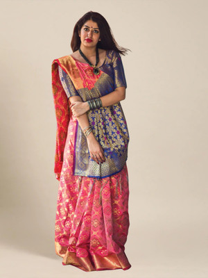 M.S.RETAIL Self Design Banarasi Silk Blend Saree(Blue, Pink)