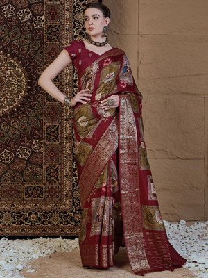 ANOUK Printed Chinnalapattu Viscose Rayon Saree(Maroon)