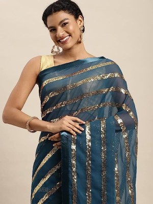 GOLAJI LJ Embroidered Bollywood Net Saree(Light Blue)