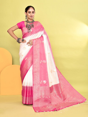 Elora Floral Print Banarasi Silk Blend Saree(White)